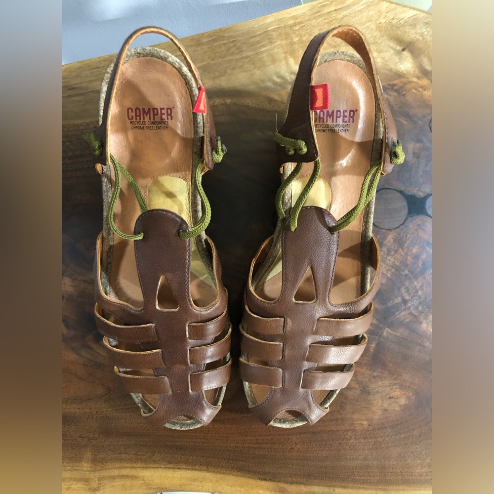 Camper Brown Leather Fisherman Sandals with Olive Laces